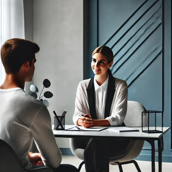 DALL·E 2025-01-12 20.16.41 - An image of a career counselor in a professional setting speaking to a student. The scene is modern and clean, using a color scheme of white, black, a